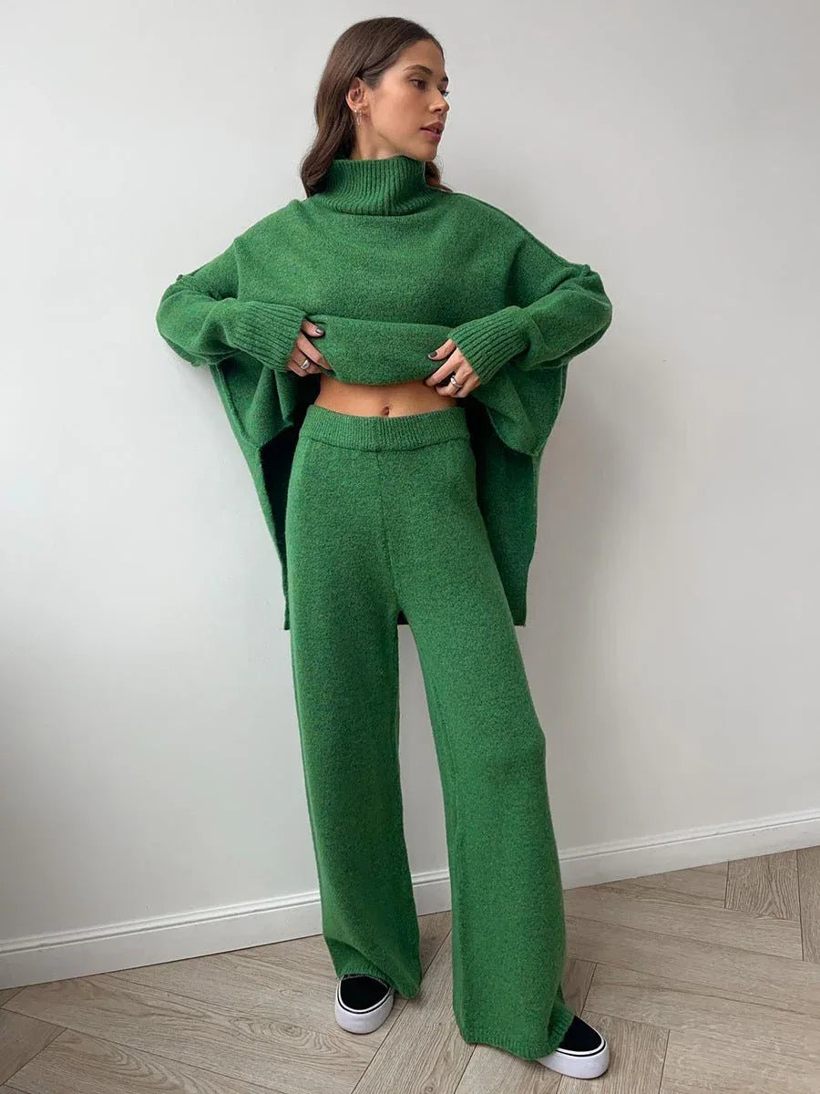 Turtleneck & Wide Leg Knit Two-Piece Set - WEUXS