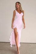 V - Neck Ruffle Hem Slit Dress - WEUXS