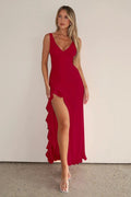 V - Neck Ruffle Hem Slit Dress - WEUXS
