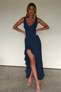V - Neck Ruffle Hem Slit Dress - WEUXS