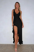 V - Neck Ruffle Hem Slit Dress - WEUXS
