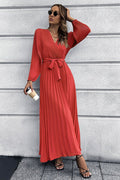 V Neck Swing Pleated Dress - WEUXS