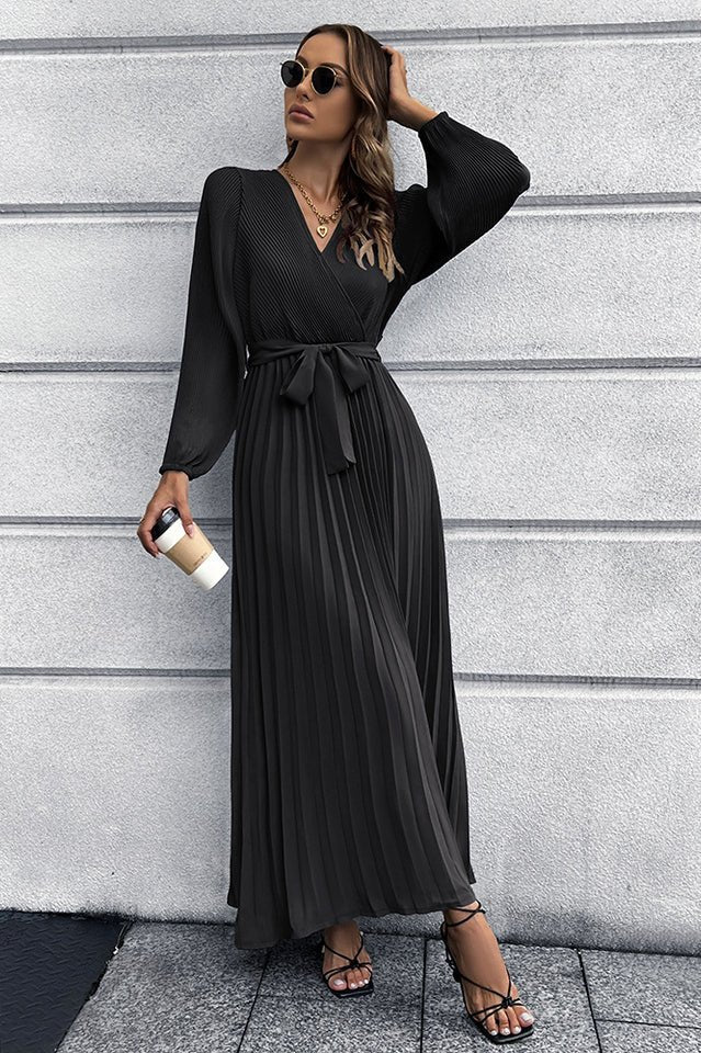 V Neck Swing Pleated Dress - WEUXS