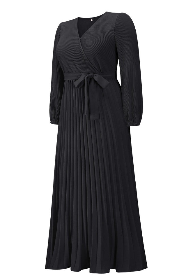 V Neck Swing Pleated Dress - WEUXS