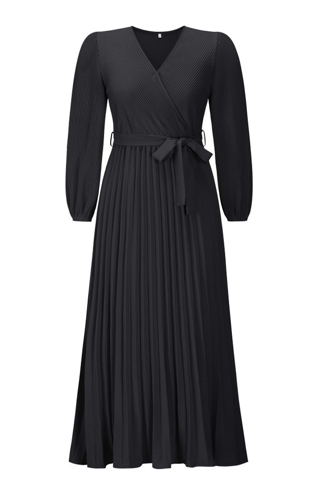 V Neck Swing Pleated Dress - WEUXS