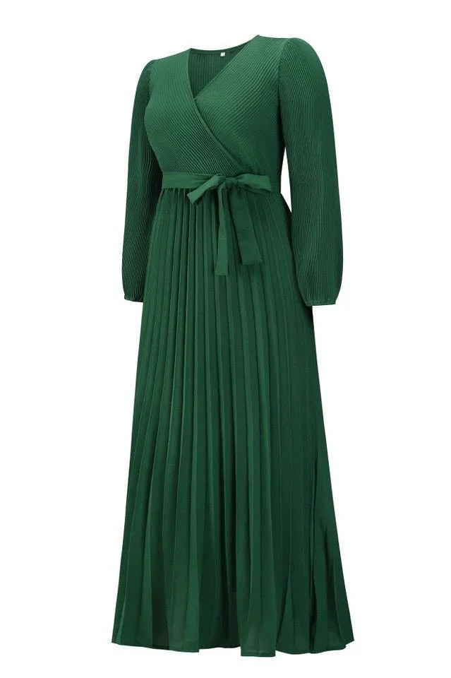 V Neck Swing Pleated Dress - WEUXS