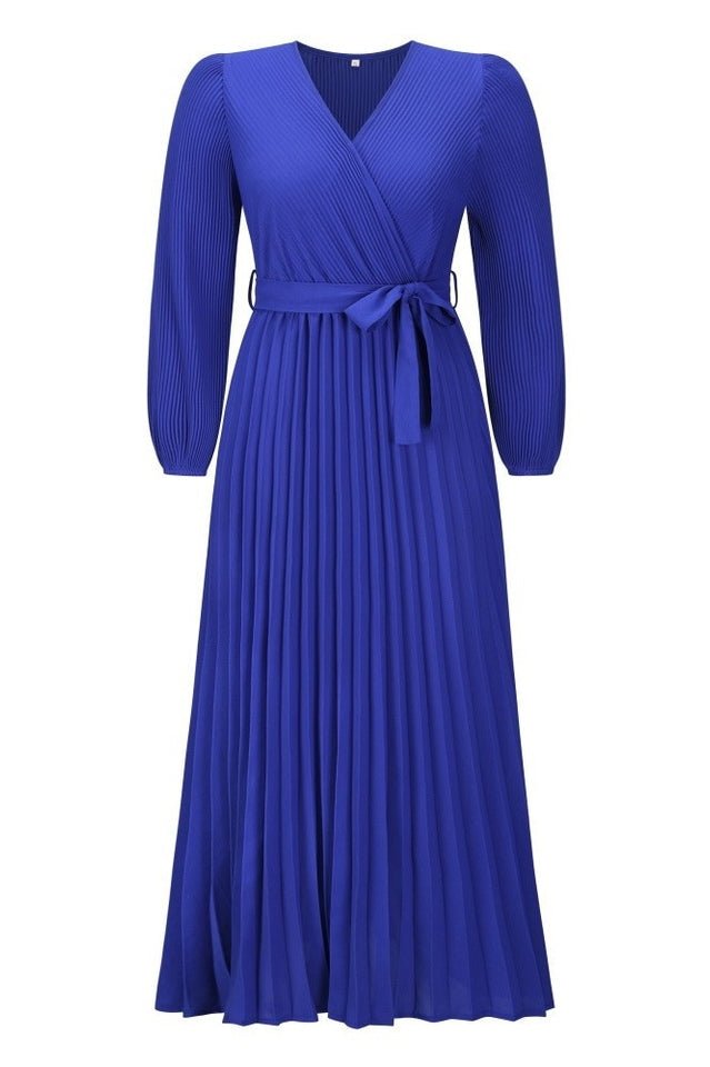 V Neck Swing Pleated Dress - WEUXS