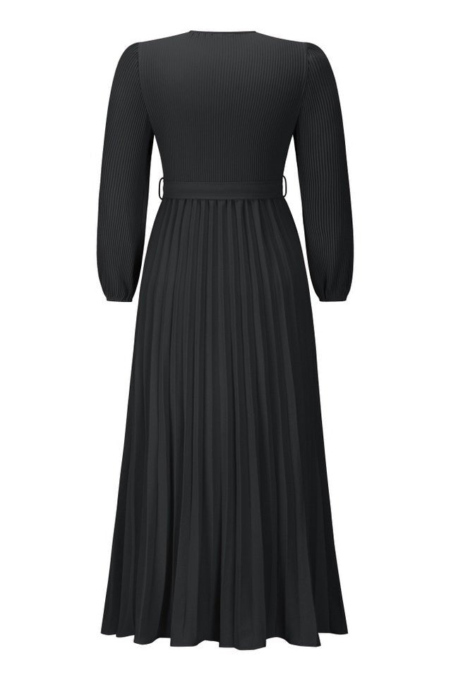 V Neck Swing Pleated Dress - WEUXS
