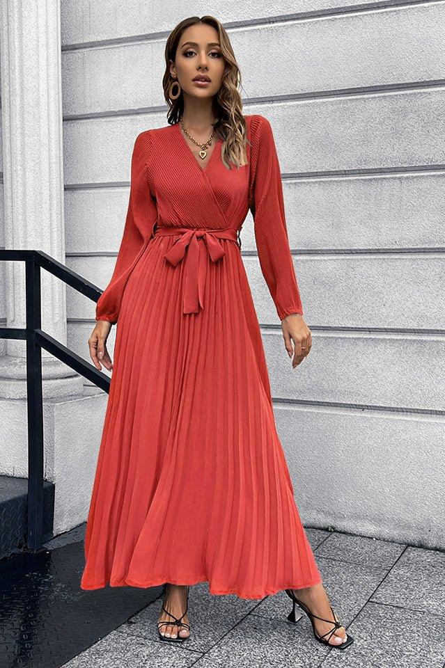 V Neck Swing Pleated Dress - WEUXS