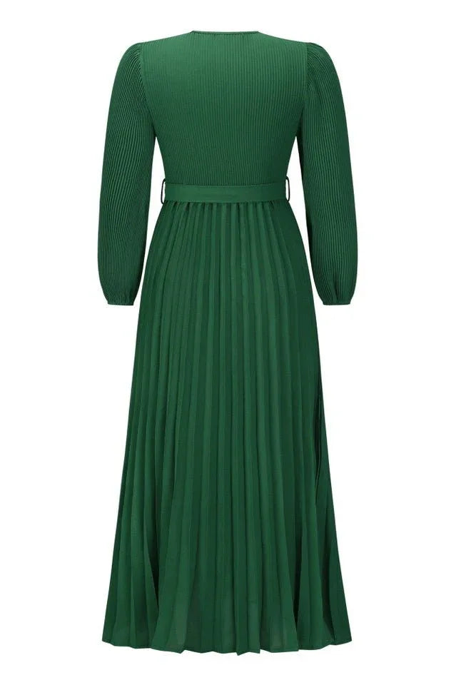 V Neck Swing Pleated Dress - WEUXS