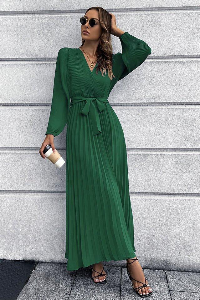 V Neck Swing Pleated Dress - WEUXS