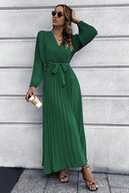 V Neck Swing Pleated Dress - WEUXS