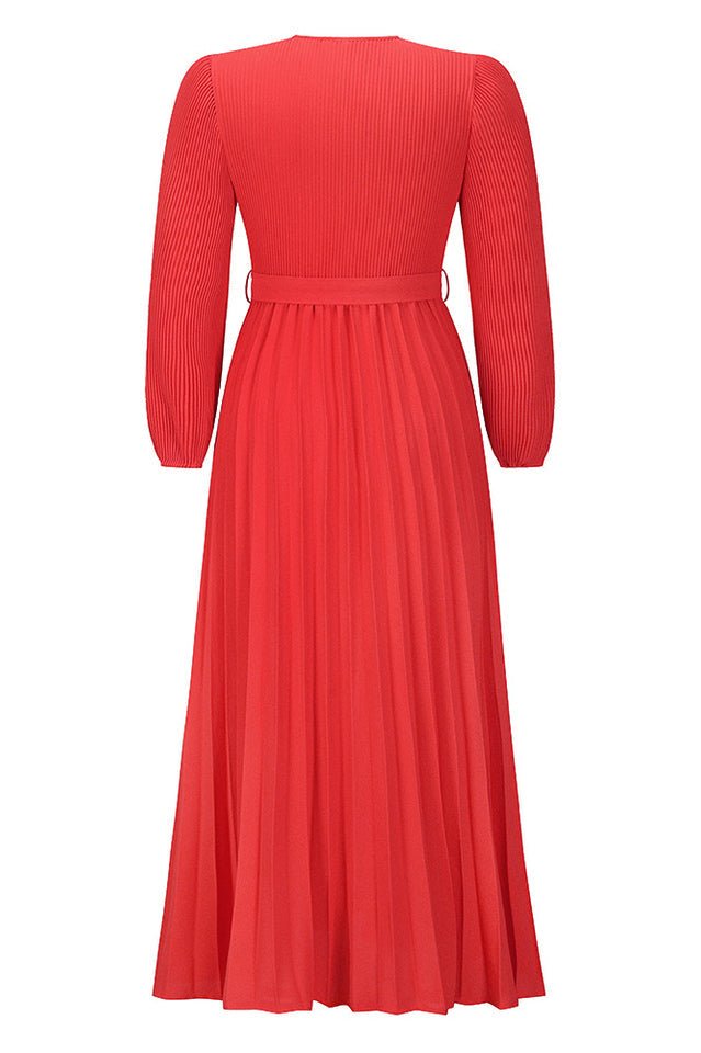 V Neck Swing Pleated Dress - WEUXS