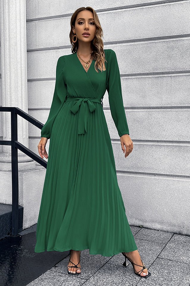 V Neck Swing Pleated Dress - WEUXS