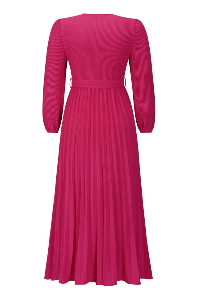 V Neck Swing Pleated Dress - WEUXS