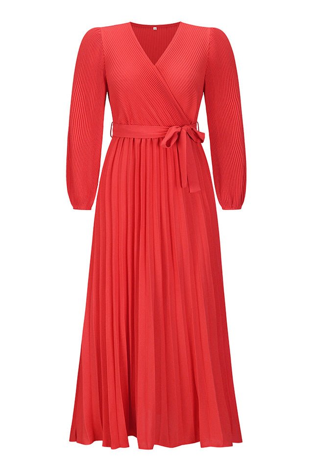 V Neck Swing Pleated Dress - WEUXS
