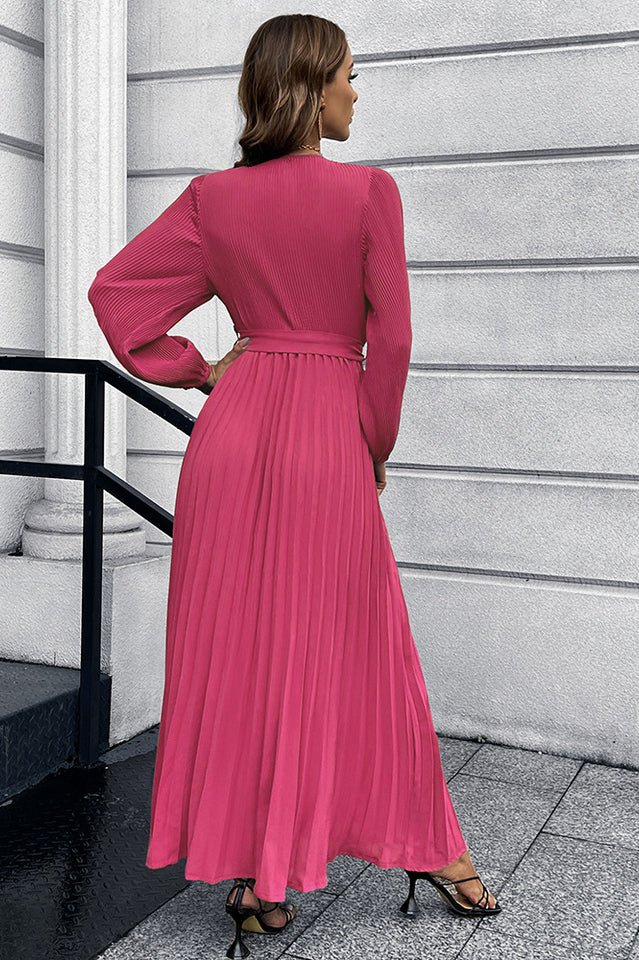 V Neck Swing Pleated Dress - WEUXS