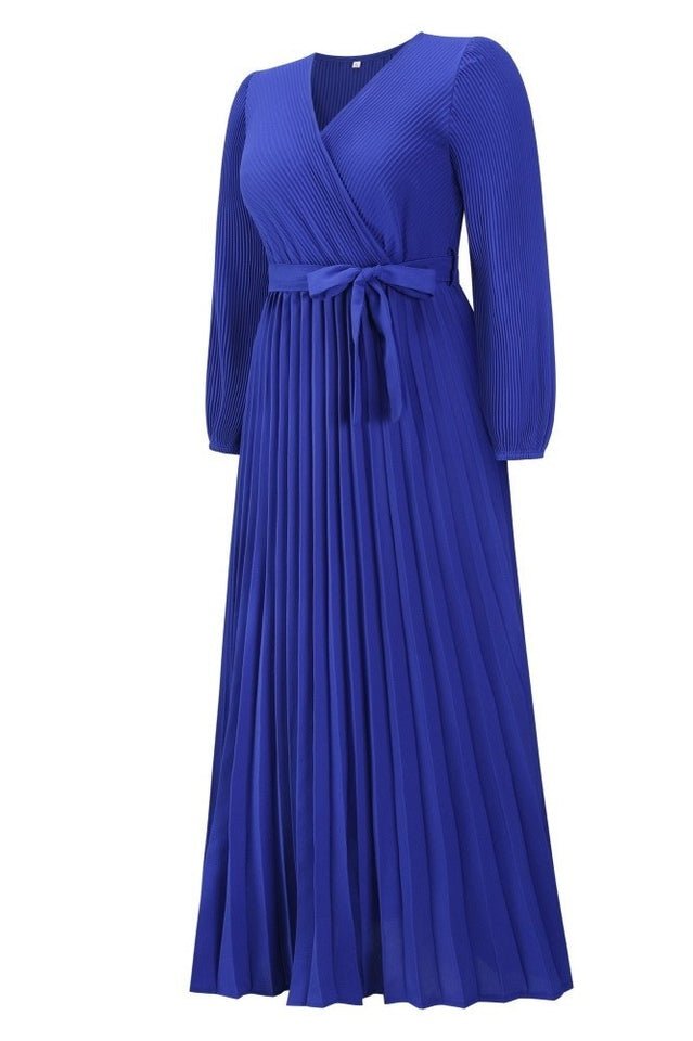 V Neck Swing Pleated Dress - WEUXS