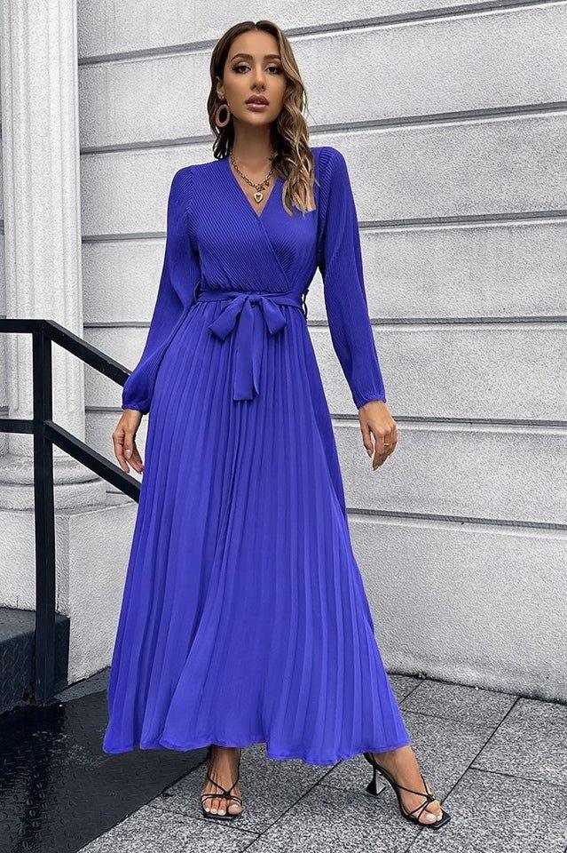 V Neck Swing Pleated Dress - WEUXS