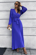 V Neck Swing Pleated Dress - WEUXS