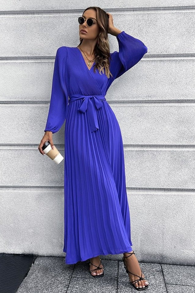 V Neck Swing Pleated Dress - WEUXS