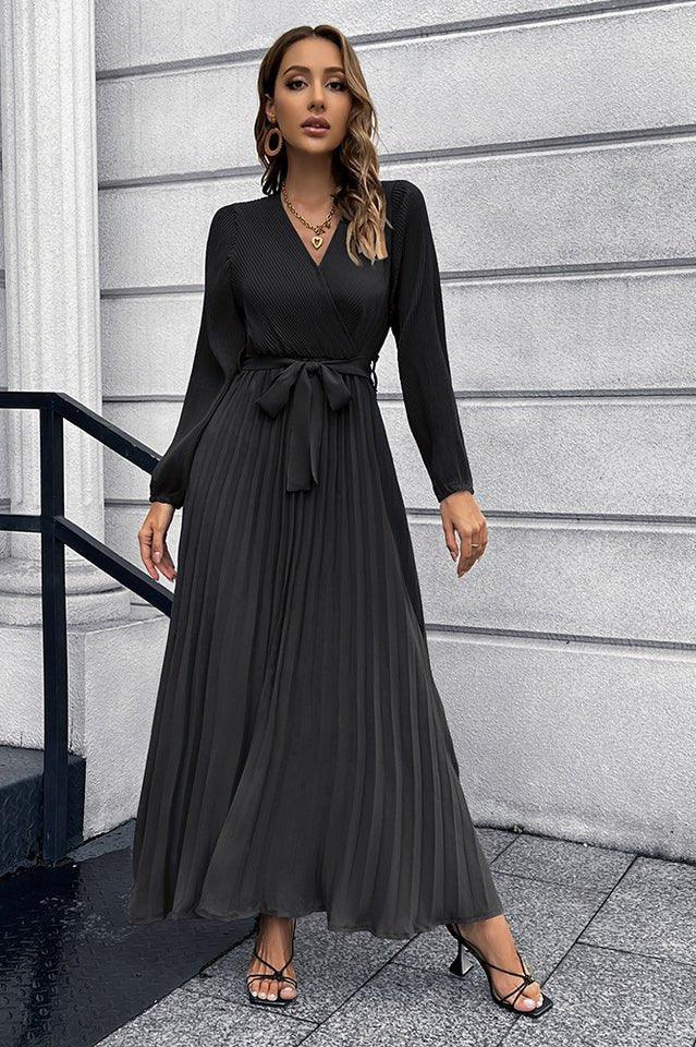V Neck Pleated Maxi Dress - View 18 | WEUXS