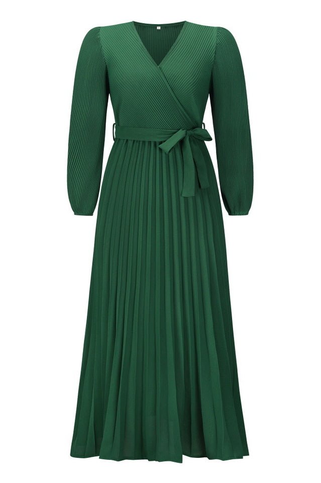 V Neck Swing Pleated Dress - WEUXS