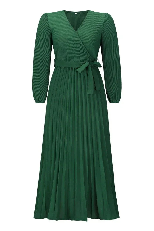 V Neck Swing Pleated Dress - WEUXS
