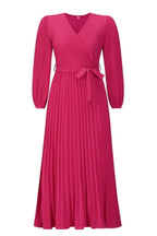 Front view of a pink pleated maxi dress with a v-neck and long sleeves.