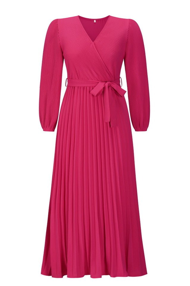 V Neck Swing Pleated Dress - WEUXS