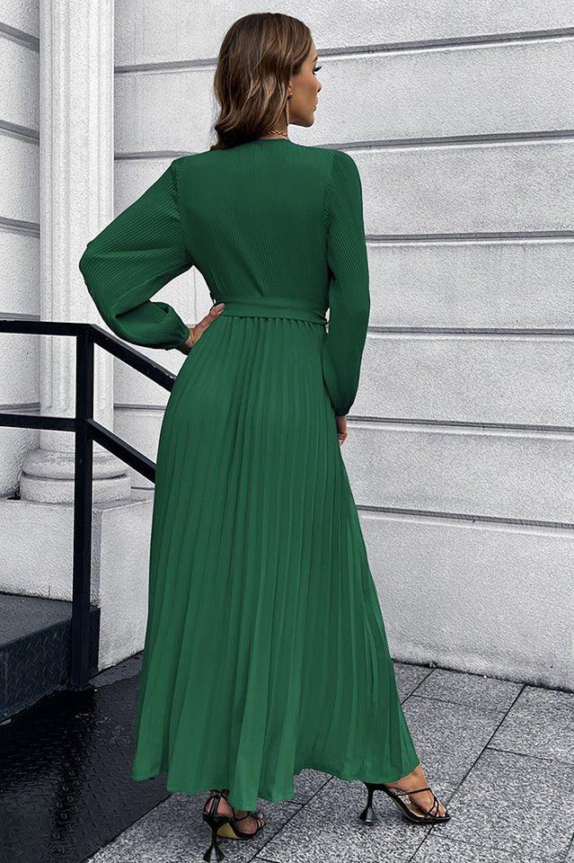 V Neck Swing Pleated Dress - WEUXS