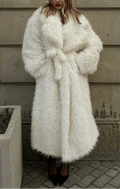 Valiery Long Shaggy Faux Fur Coat - White Belted Winter Trench Jacket - WEUXS