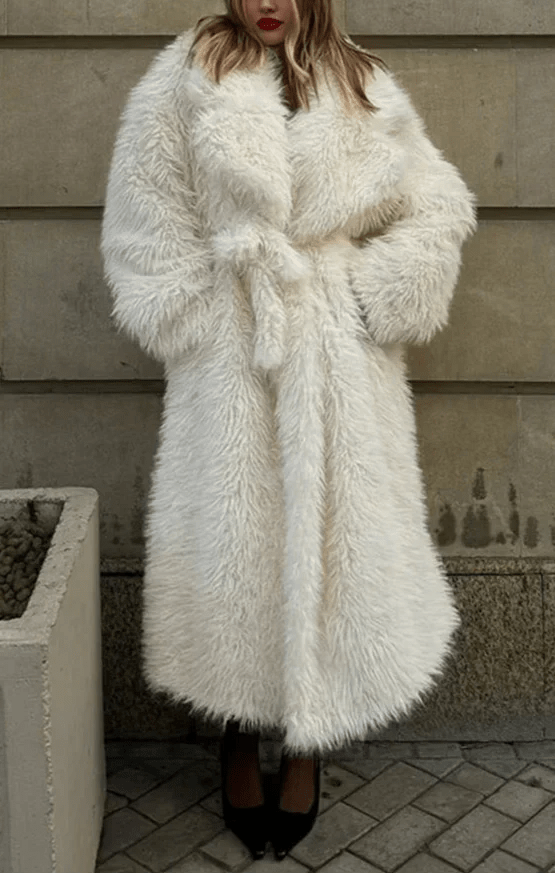 Valiery Long Shaggy Faux Fur Coat - White Belted Winter Trench Jacket - WEUXS