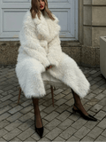 Valiery Long Shaggy Faux Fur Coat - White Belted Winter Trench Jacket - WEUXS