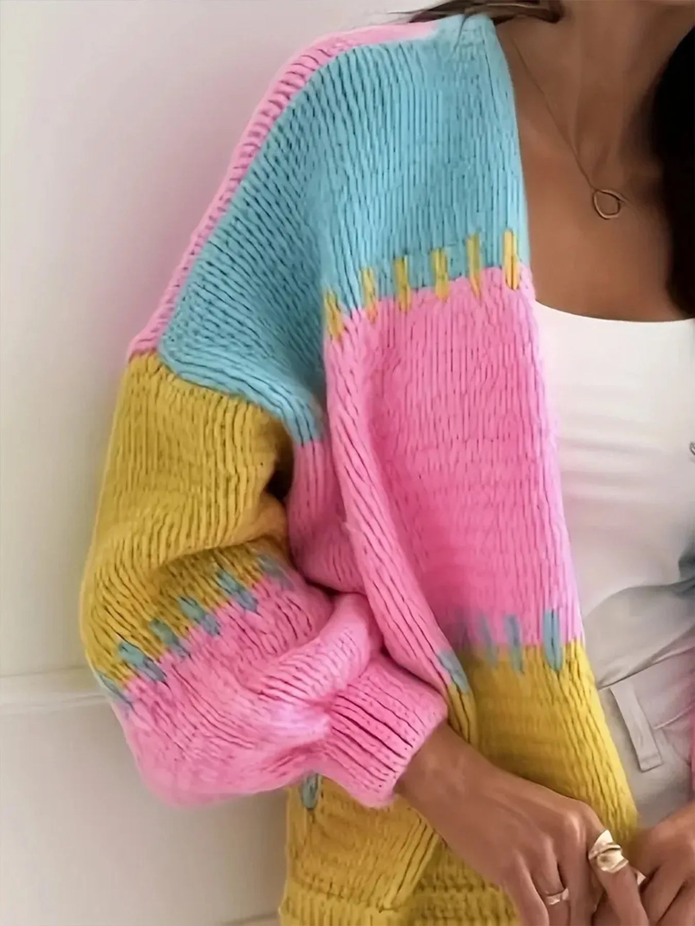 Chunky color block knit cardigan - View 10 | WEUXS