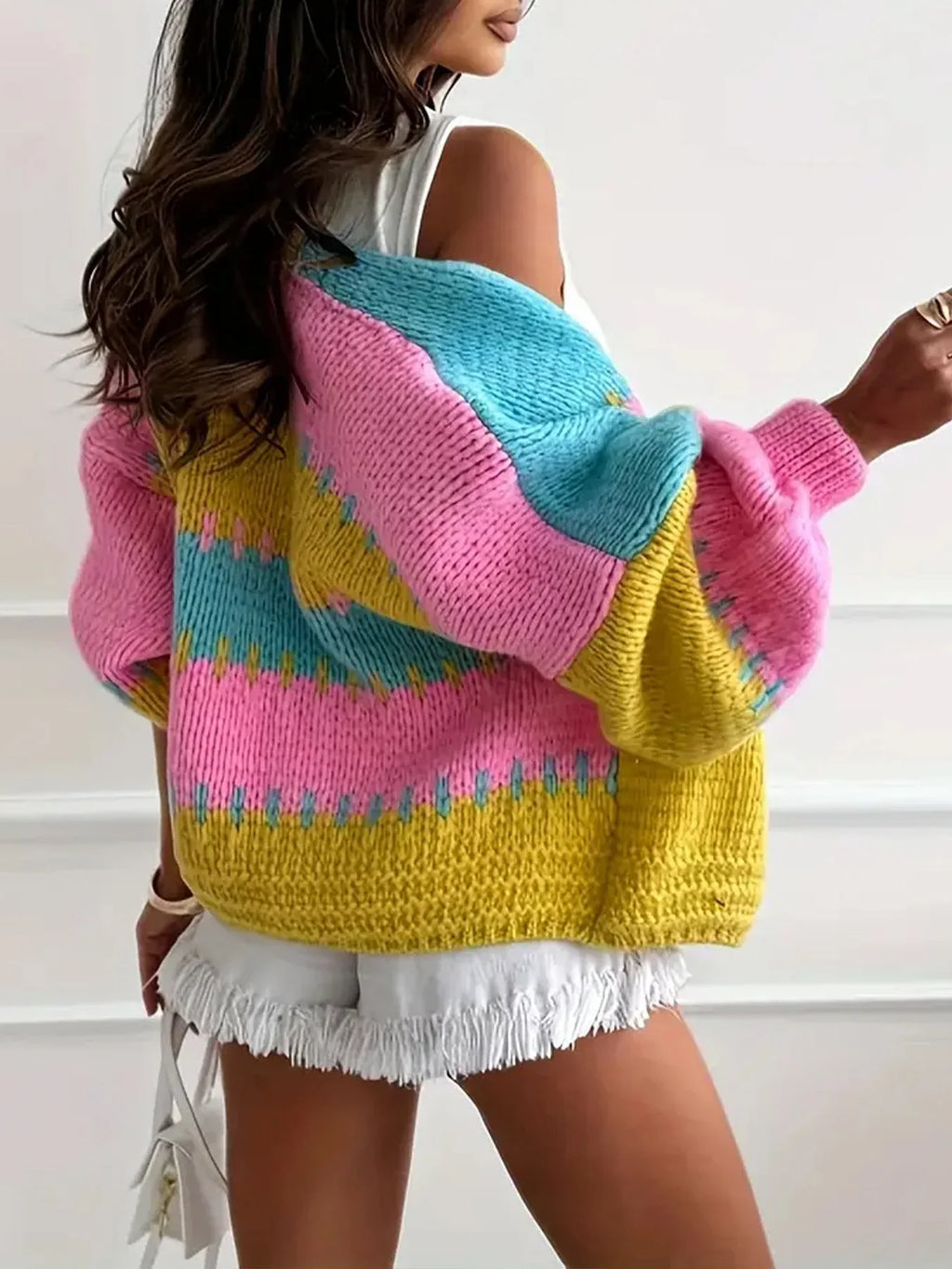 Chunky color block knit cardigan - View 7 | WEUXS
