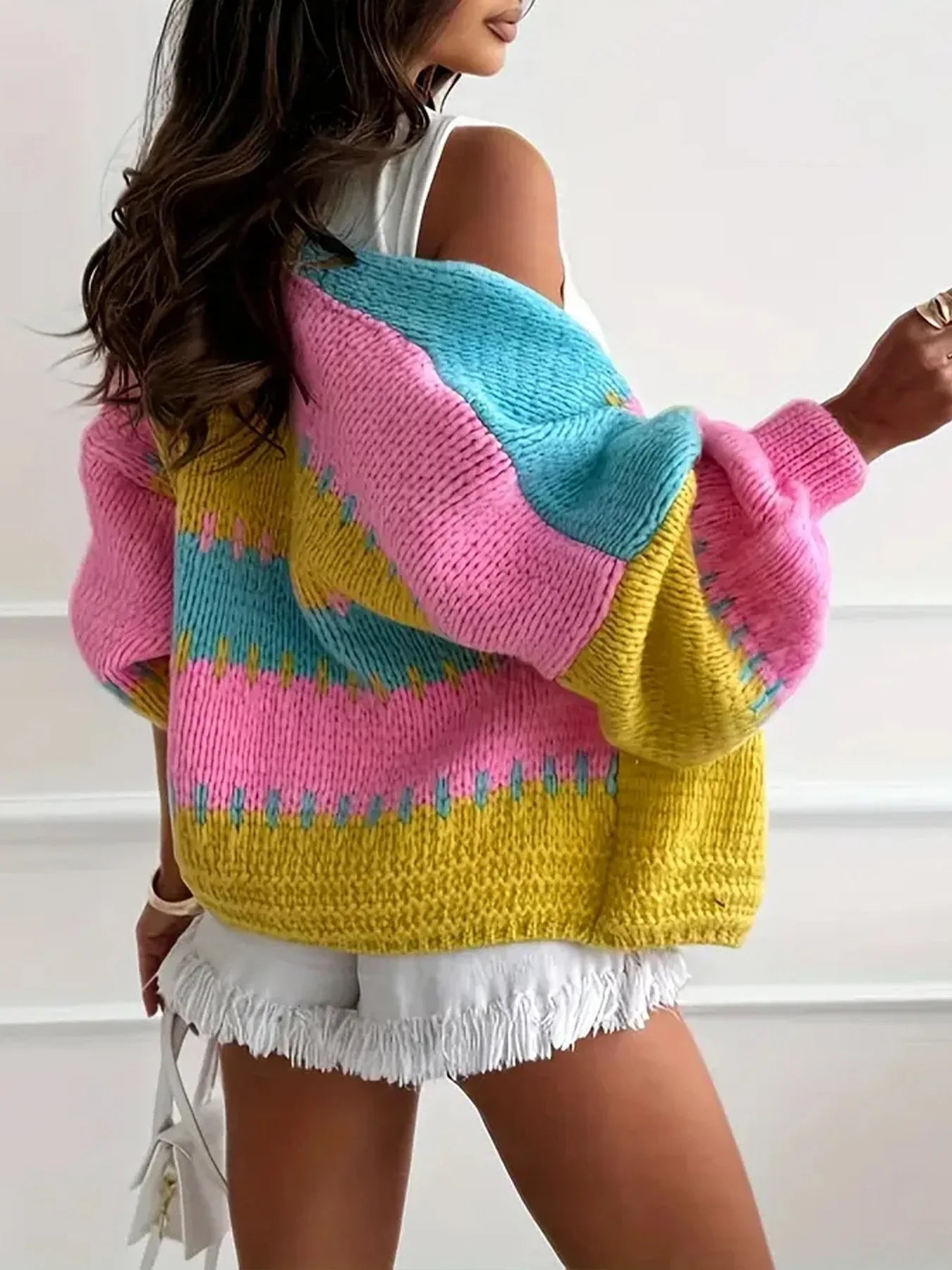 Chunky color block knit cardigan - View 7 | WEUXS