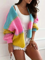 Vibrant Color Block Chunky Knit Cardigan - WEUXS