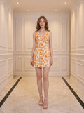 Vibrant Orange Floral V - Neck Sleeveless Mini Dress - WEUXS