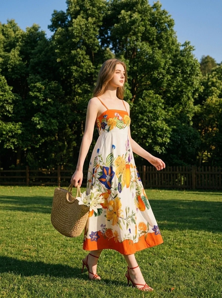 Woman in a floral print midi dress with orange trim, carrying a straw tote bag in a garden.
