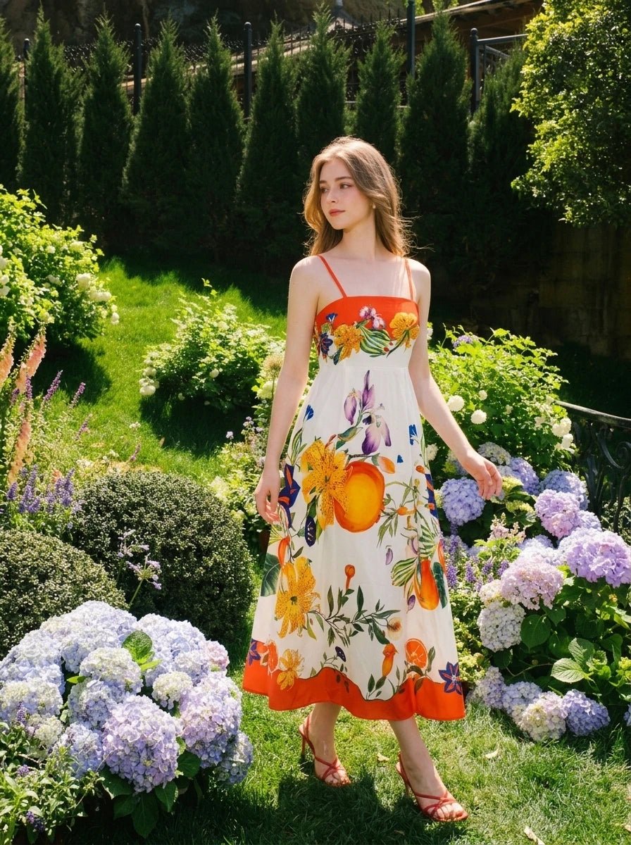 Vibrant Tropical Floral Print Maxi Dress Orange - WEUXS