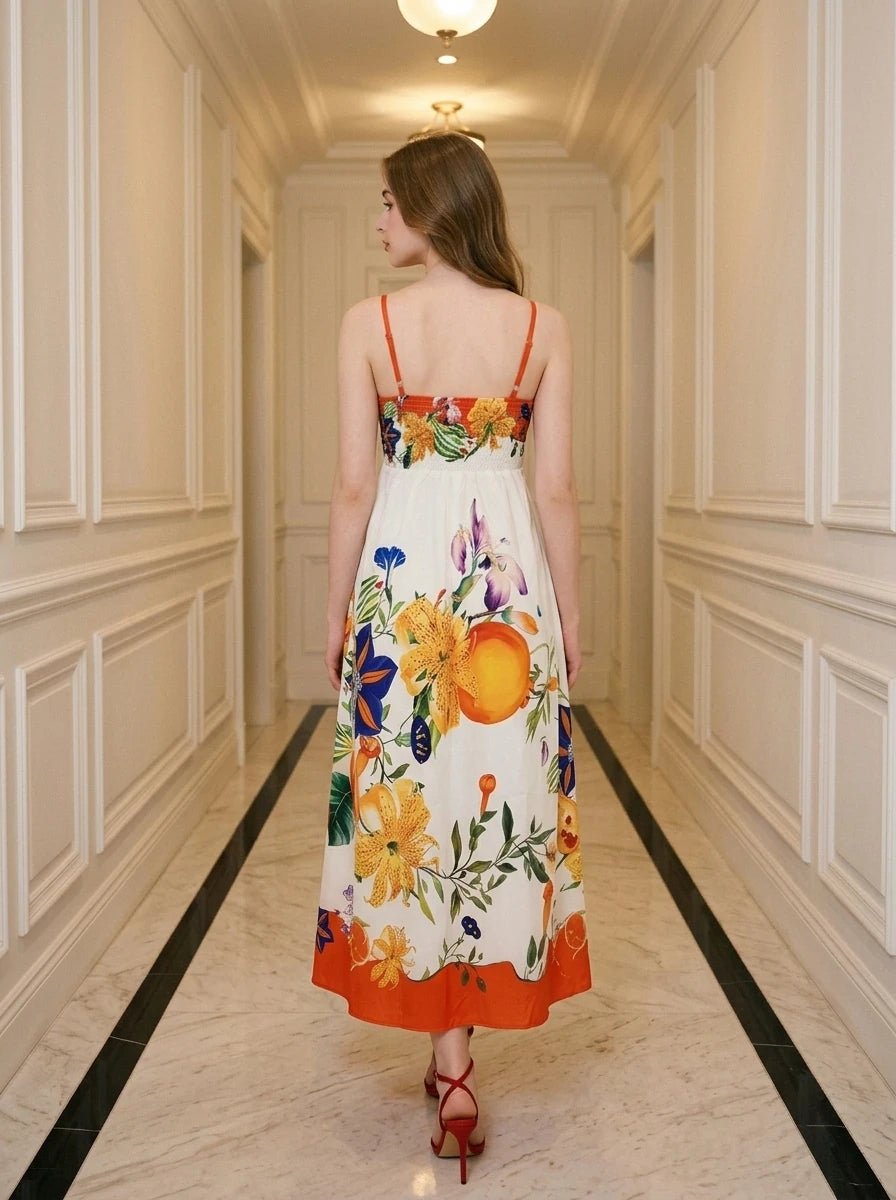 Back view of a woman in a floral print midi dress with spaghetti straps.