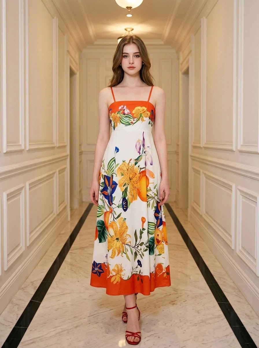 Woman wearing a white midi dress with a bold floral print and orange trim, standing in a hallway.