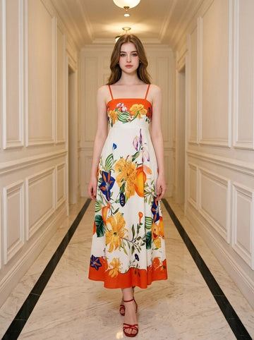 Woman wearing a white midi dress with a bold floral print and orange trim, standing in a hallway.