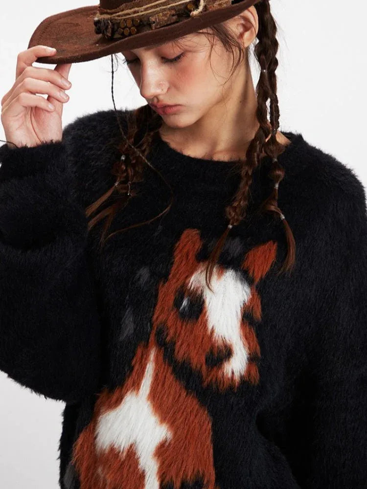 Fuzzy horse graphic knit sweater - View 6 | WEUXS