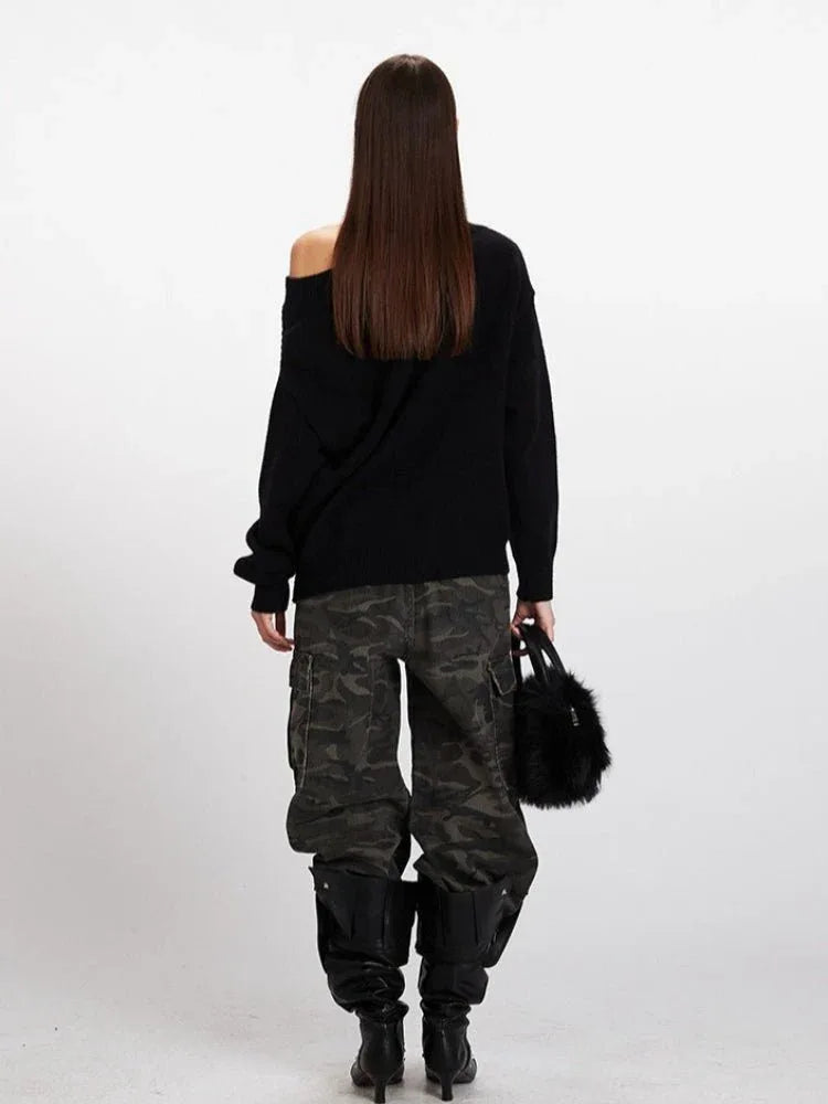 Vintage Black Sequin '02' Off-Shoulder Sweater - WEUXS