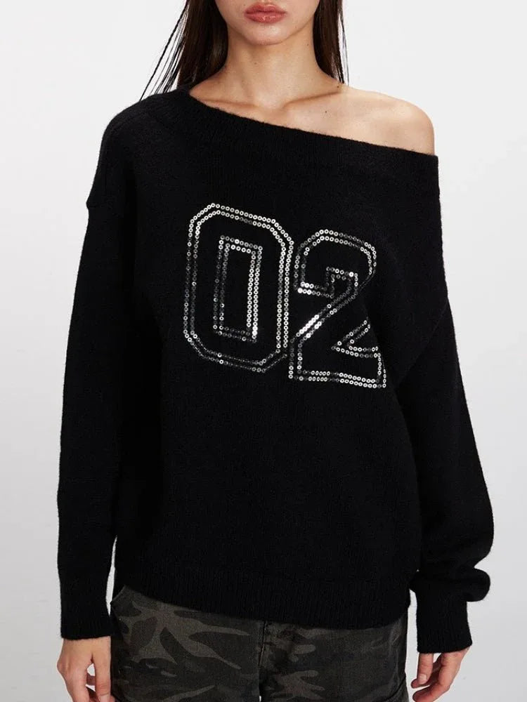 Vintage Black Sequin '02' Off-Shoulder Sweater - WEUXS