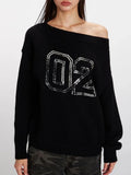 Vintage Black Sequin '02' Off-Shoulder Sweater - WEUXS