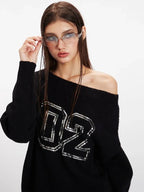Vintage Black Sequin '02' Off-Shoulder Sweater - WEUXS