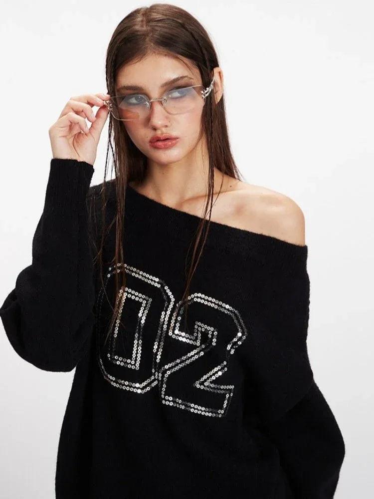 Vintage Black Sequin '02' Off-Shoulder Sweater - WEUXS